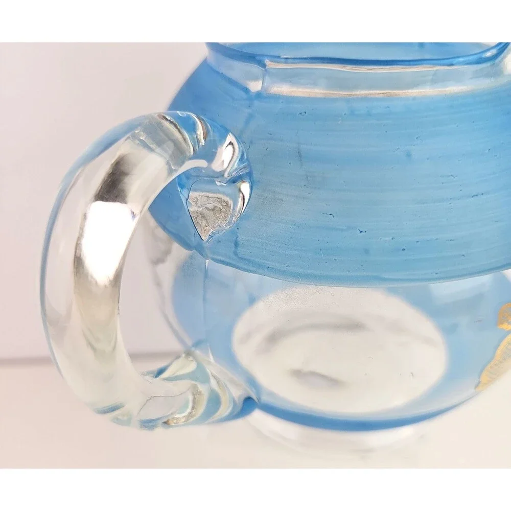 Vintage Mid Century Pastel Gold Leaf Frosted Blue Clear Glass Juice Pitcher 6 in